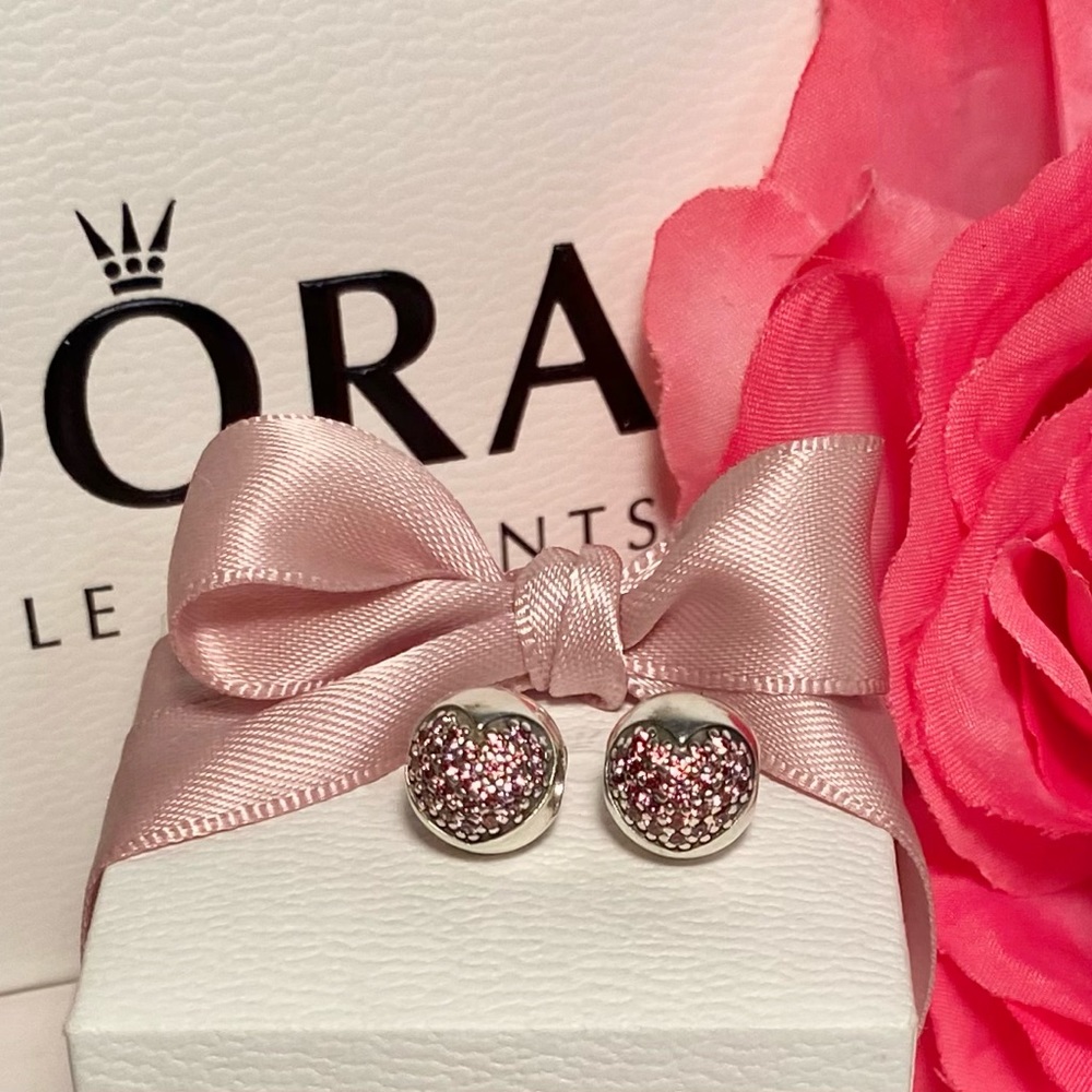 🌹🍃(2)New Pandora Sterling Silver“Love of my Life” Pink Pave’ Heart Clip Charms